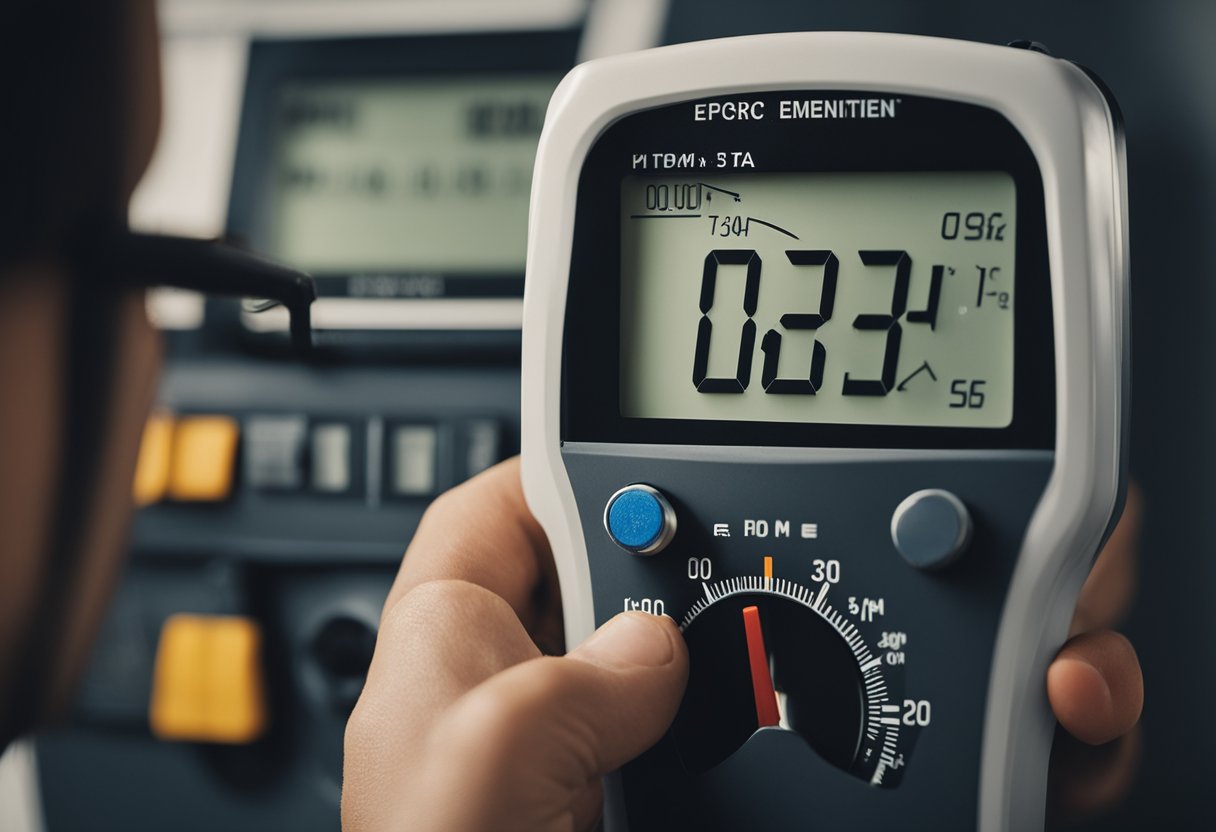 The electric meter is being read by a person. The person is using a tool to record the measurement