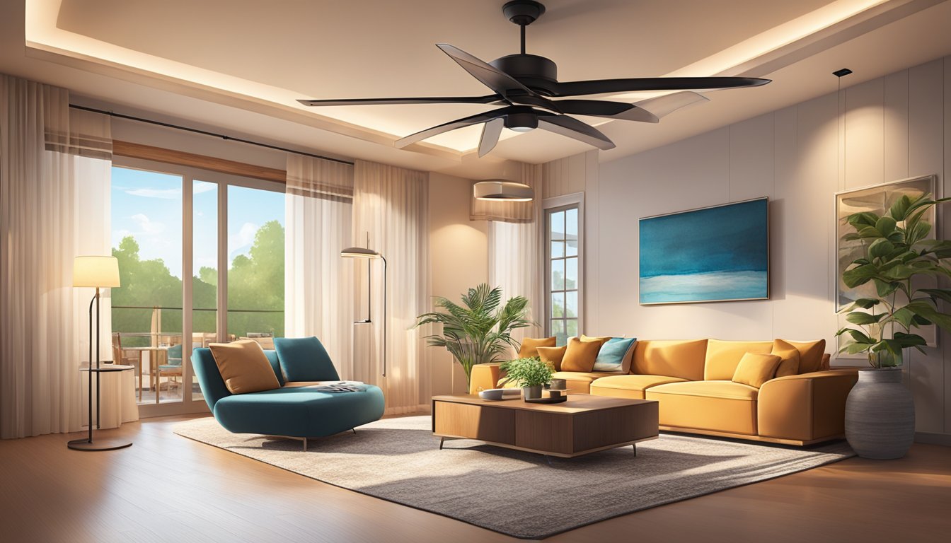 A cozy living room with a modern ceiling fan and integrated light fixture, casting a warm glow over the space