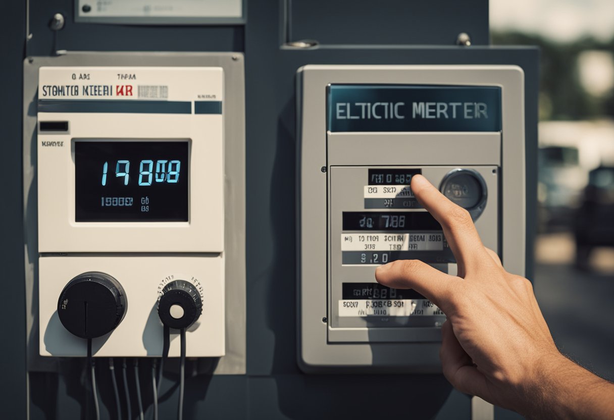 A hand reaches out to read an electric meter with numbers displayed on the dial