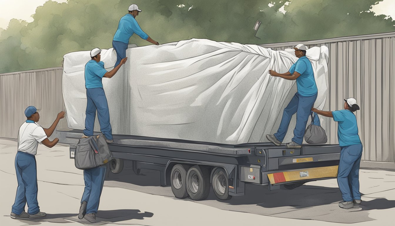 A large, worn-out mattress being lifted into a dumpster by two workers