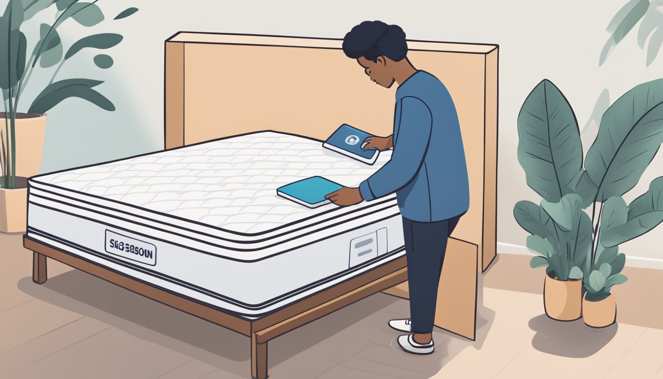 A person browsing a website on their laptop, selecting a mattress with ease. The mattress is shown being delivered to their doorstep, with a care guide included