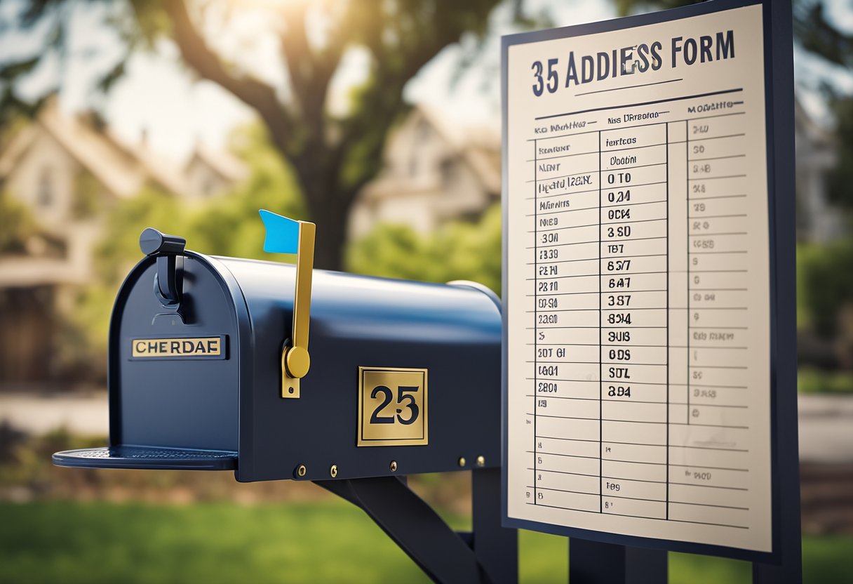 A person must report their change of address. A calendar with a moving date circled, a mailbox, and a new address form