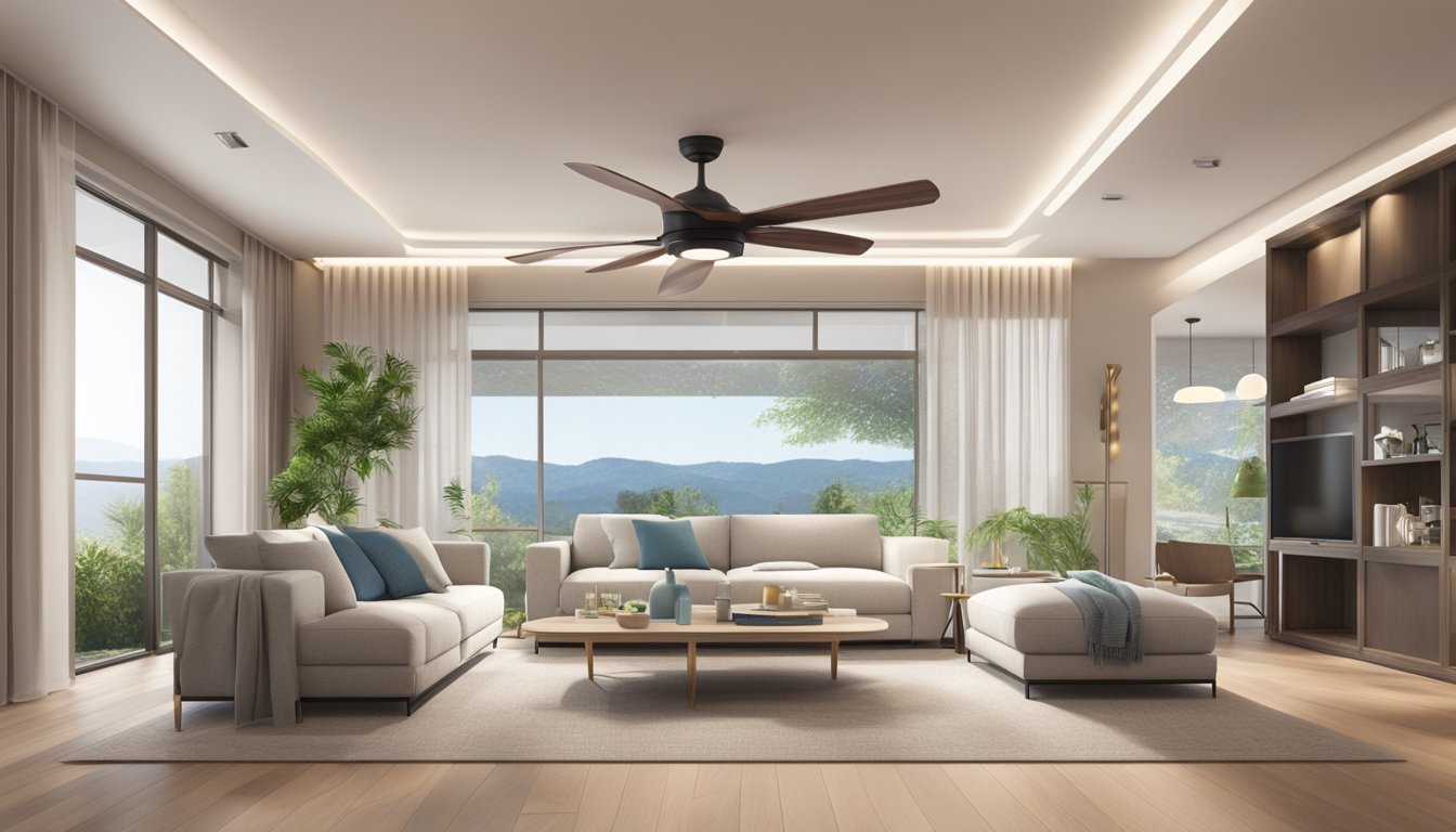 A spacious living room with a modern ceiling fan and integrated lights. The fan blades are in motion, creating a gentle breeze