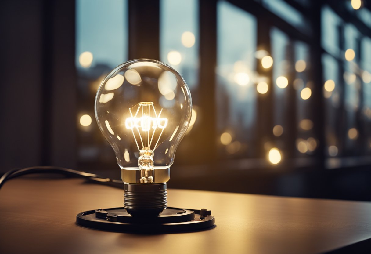 A lightbulb shines brightly next to a closed window, with a digital meter displaying the electricity usage