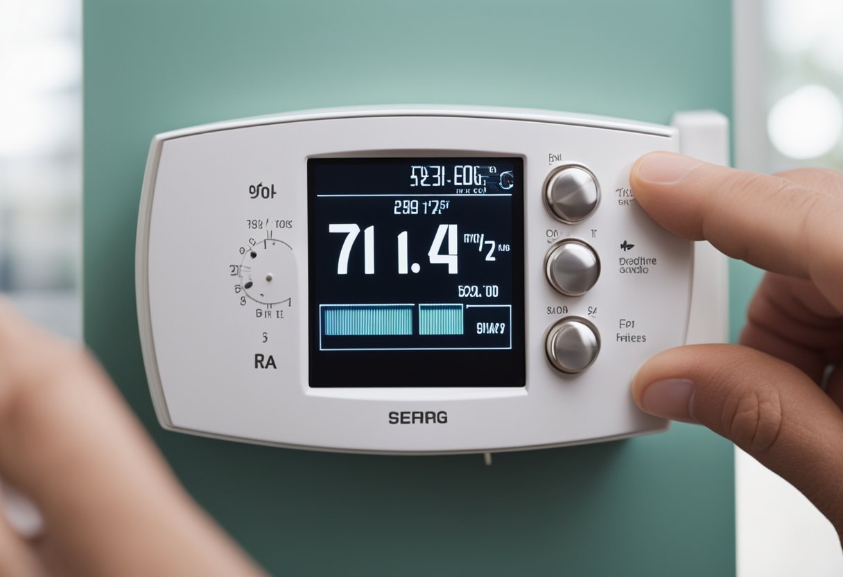 A person adjusts a thermostat, symbolizing energy savings