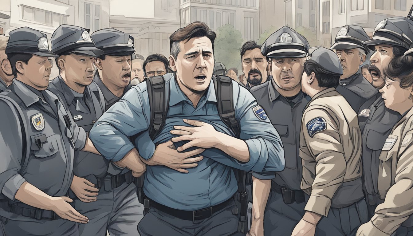 A person clutching their chest, with a pained expression, surrounded by concerned onlookers and emergency responders
