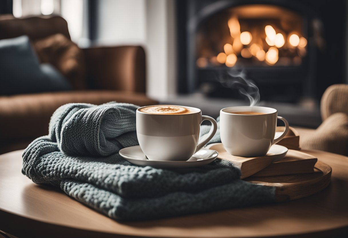 A cozy living room with a fireplace, a comfortable sofa, and a table with a cup of tea and a warm blanket
