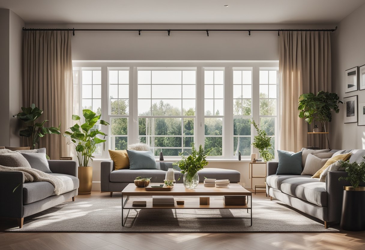 A cozy living room with insulated windows, a programmable thermostat, and thick curtains to reduce heat loss