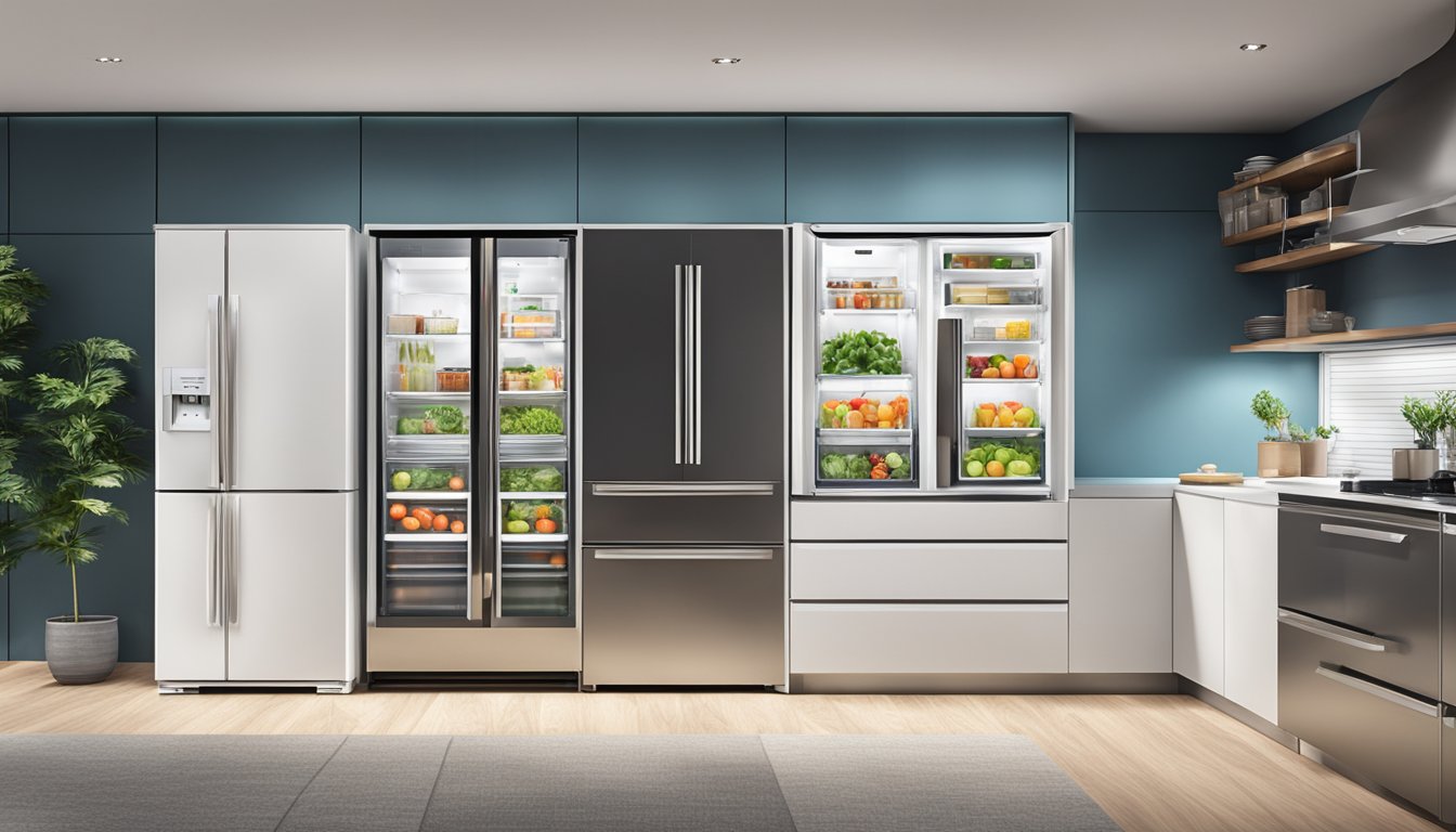 A modern, stainless steel side by side fridge freezer stands in a sleek kitchen, with glass shelves and LED lighting