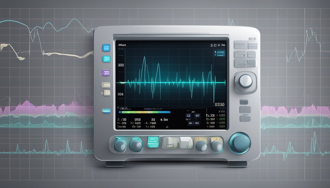 An ultrasound machine displays a graph of a foetal heart rate, with a steady rhythm and occasional fluctuations