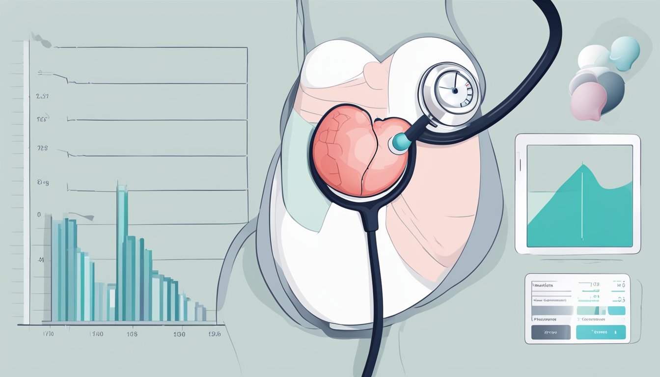 A stethoscope placed on a pregnant belly, with a graph showing the foetal heart rate