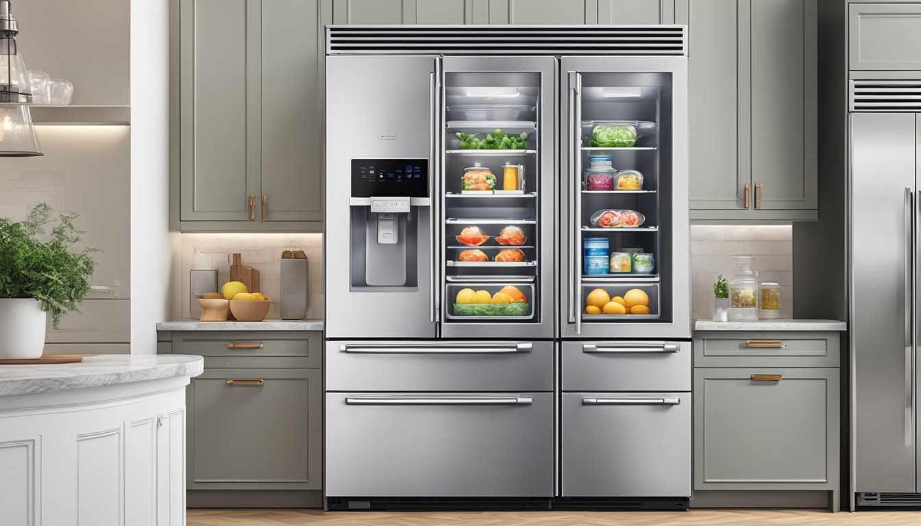 A side by side fridge freezer with innovative features like adjustable shelves, water and ice dispenser, and temperature control panel