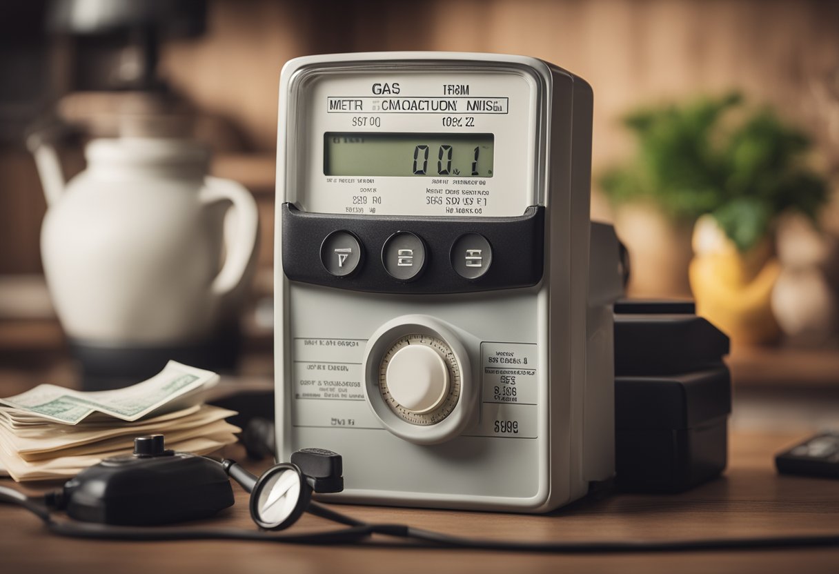 A gas meter with a bill and calculator, surrounded by a cozy home setting