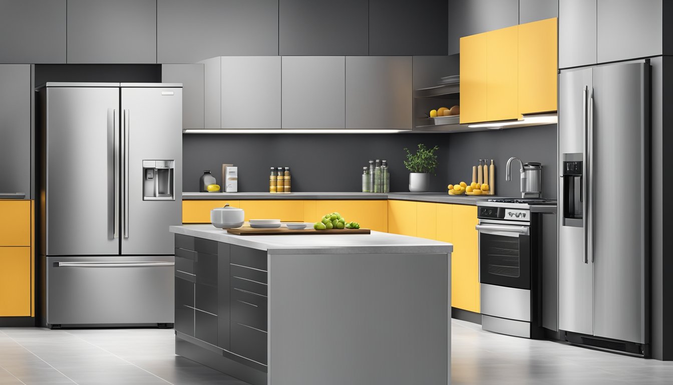 A modern kitchen with sleek countertops and stainless steel appliances. A side by side fridge freezer stands out, with adjustable shelves and digital temperature controls