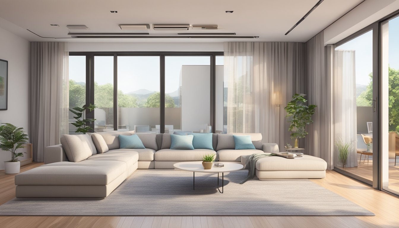 A living room with four separate rooms connected by a central air conditioning system. The system is sleek and modern, with individual temperature controls for each room