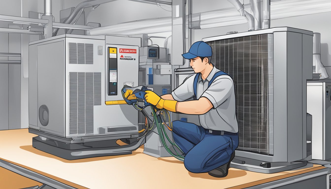 A technician installs and maintains a Mitsubishi aircon system 4, using tools and equipment in a well-lit and organized workspace