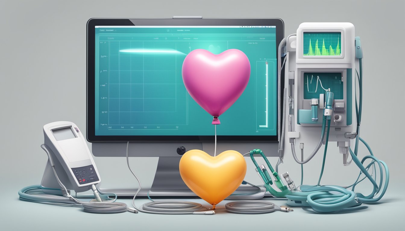 A heart-shaped balloon deflating, surrounded by medical equipment and a monitor displaying a decreasing survival rate