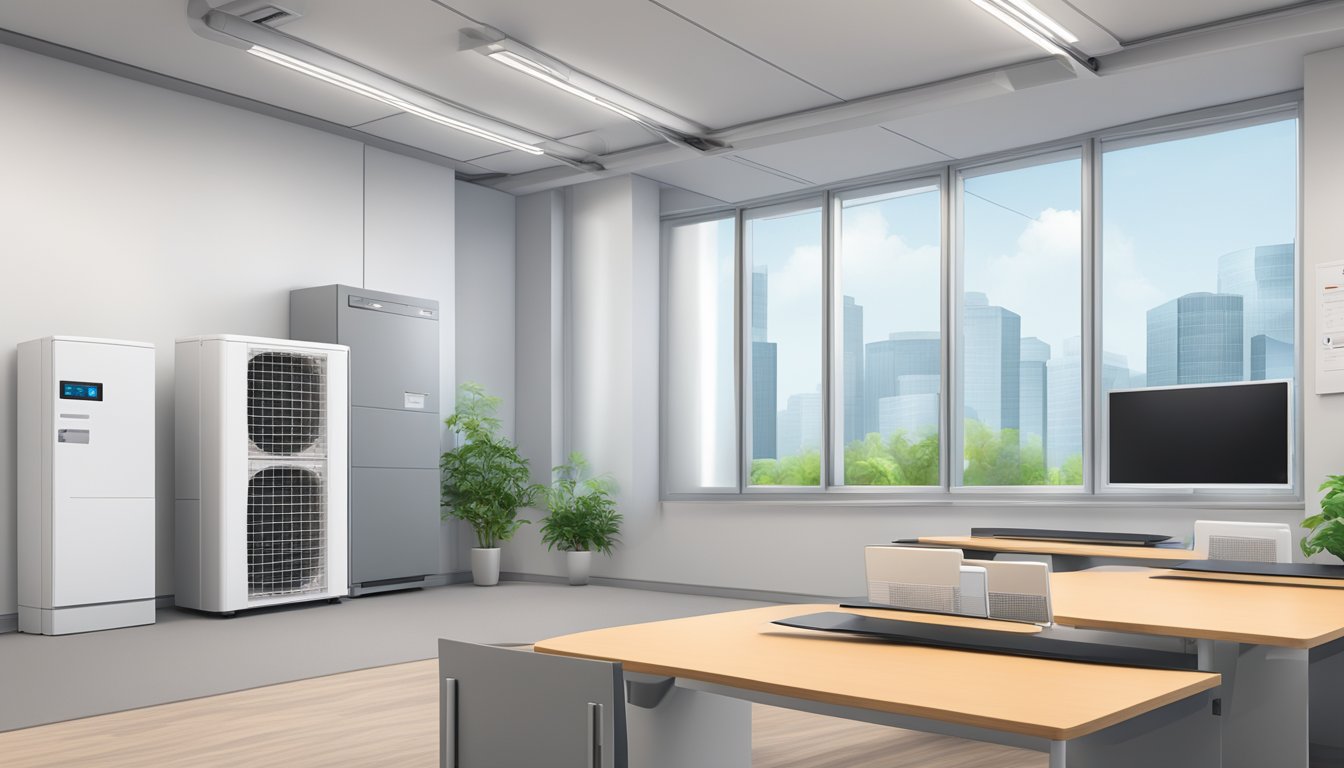 A Mitsubishi aircon system 4 with FAQ section displayed on a digital screen, surrounded by a clean and modern office setting