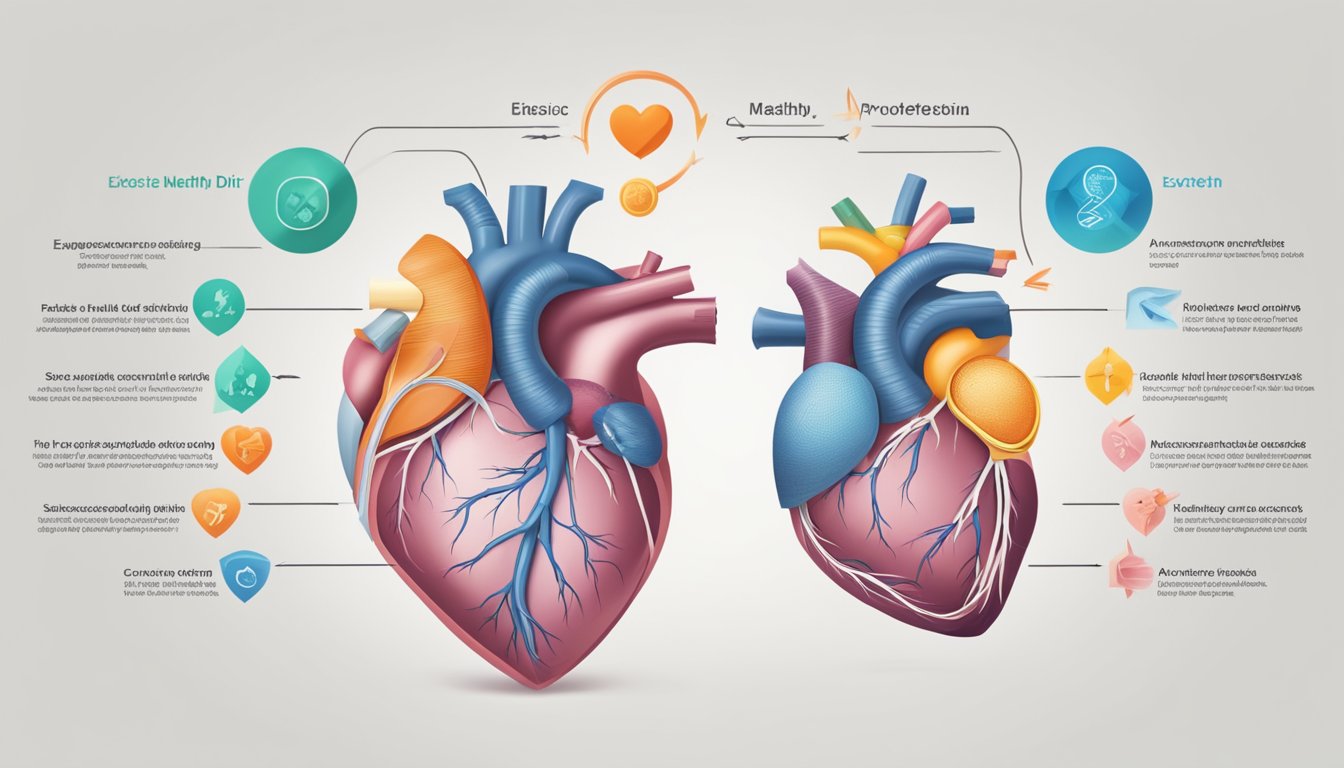A heart and a muscle are shown side by side, with arrows pointing to them. The heart is surrounded by risk factors like smoking and high cholesterol, while the muscle is surrounded by prevention methods like exercise and healthy diet
