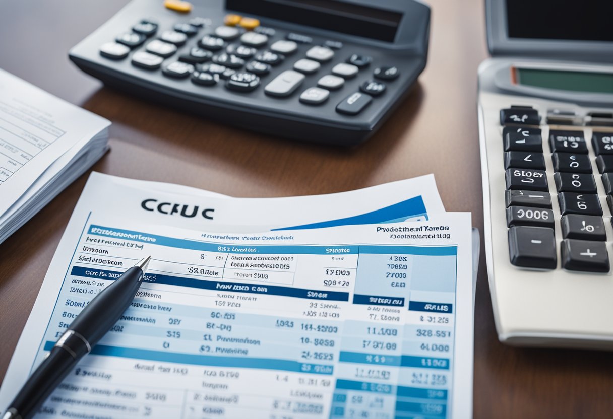 Calculation of natural gas tax fees on a desk with a computer, calculator, and paperwork. A chart or graph showing the breakdown of the fees