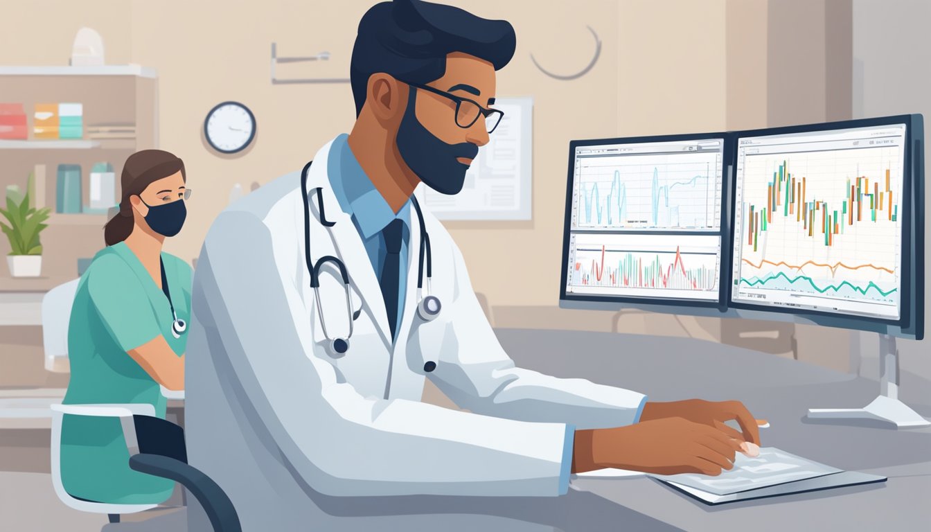 A heart monitor displays fluctuating vital signs, while a doctor reviews patient charts