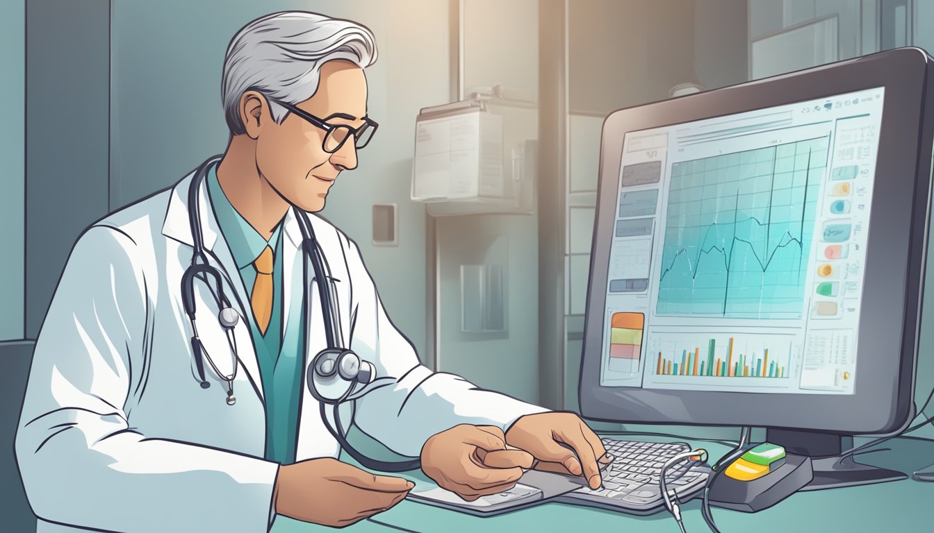 A doctor monitors a patient's vital signs and adjusts medication dosage to improve heart function and increase survival rate