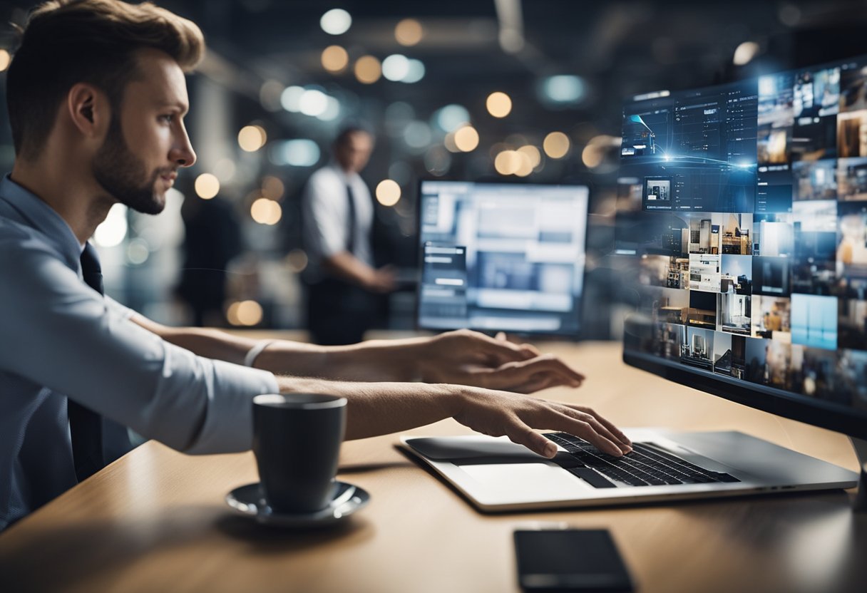 Businesses collaborate online, exchanging products and services. Digital platforms connect buyers and sellers, facilitating transactions and streamlining operations