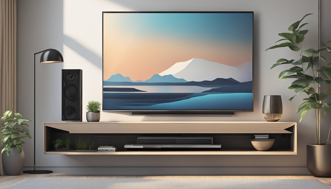 A sleek, modern TV console hangs suspended from the wall, with clean lines and minimalistic design. The console is floating, creating a sense of weightlessness and modernity