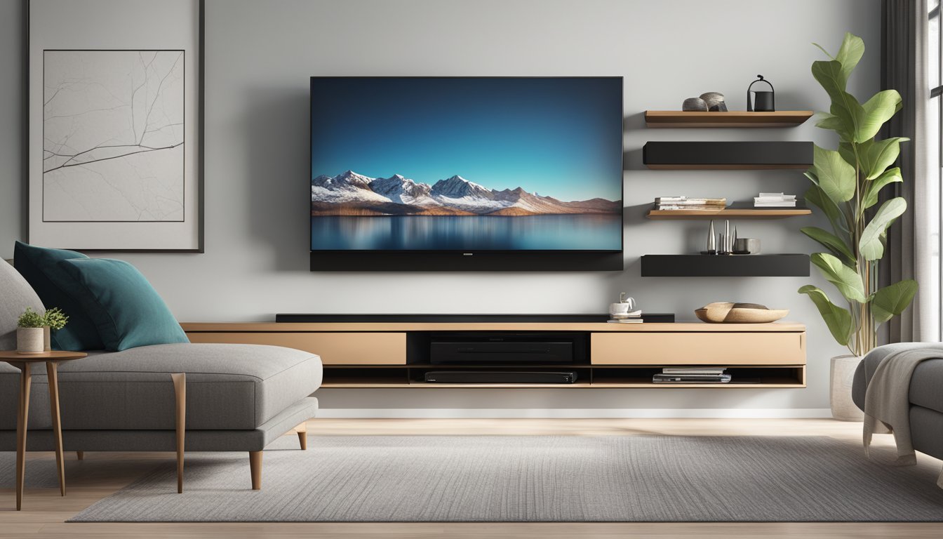 A sleek, modern TV console hangs from the wall, with hidden wiring and floating shelves for accessories