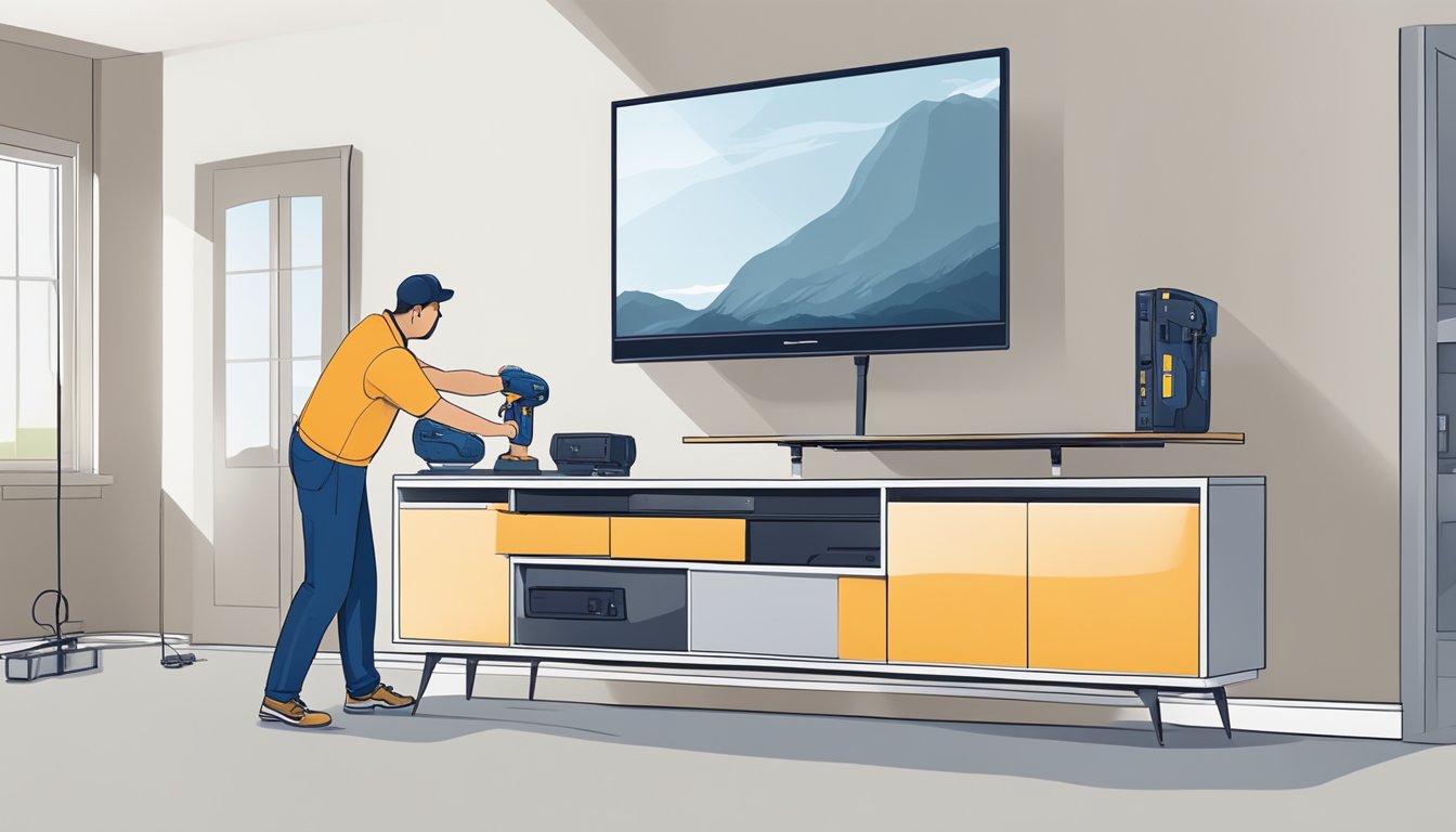 A suspended TV console is being installed and maintained by a technician, using a drill and level to ensure proper alignment
