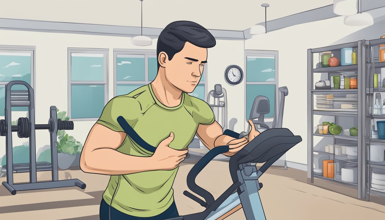 A person exercising, clutching their chest, with a pained expression. A healthy meal and exercise equipment nearby. A doctor discussing risk factors