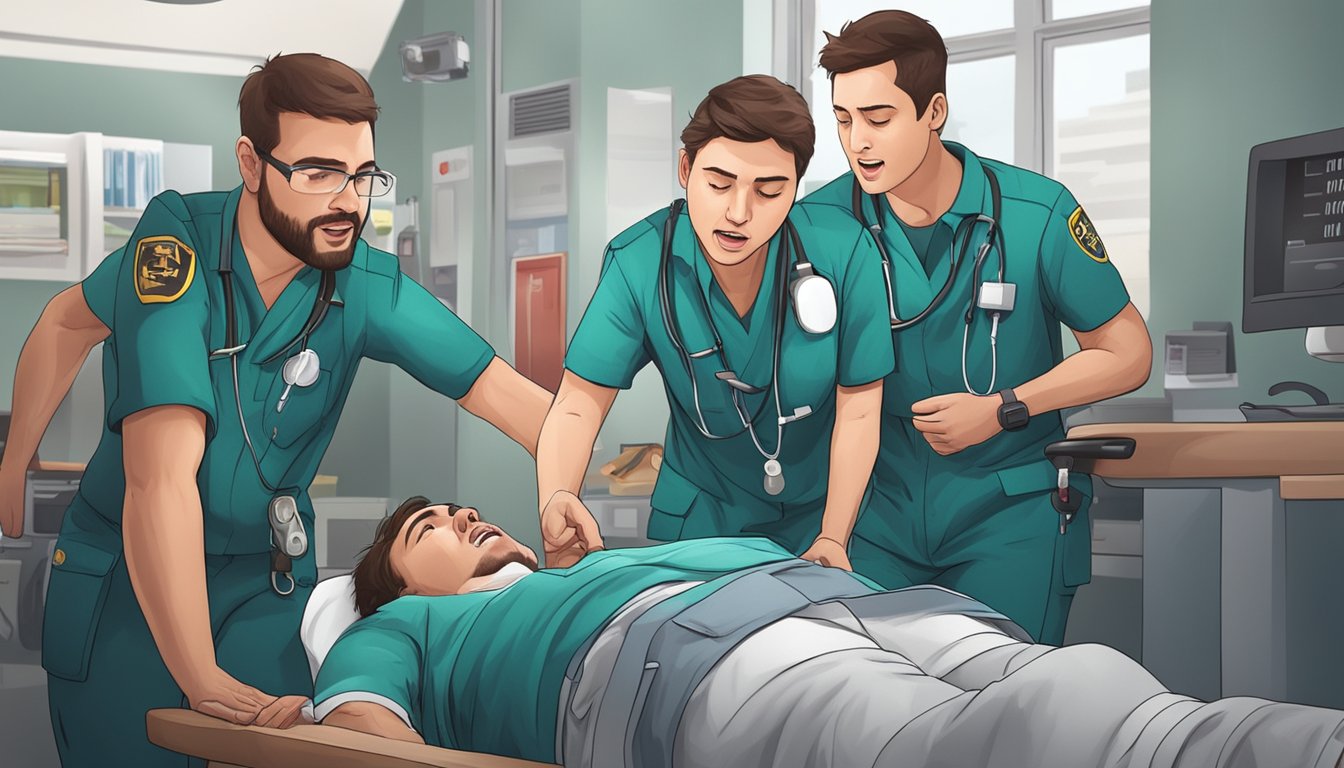 Paramedics rush to treat a patient with heart attack symptoms, including shortness of breath and nausea, but no chest pain