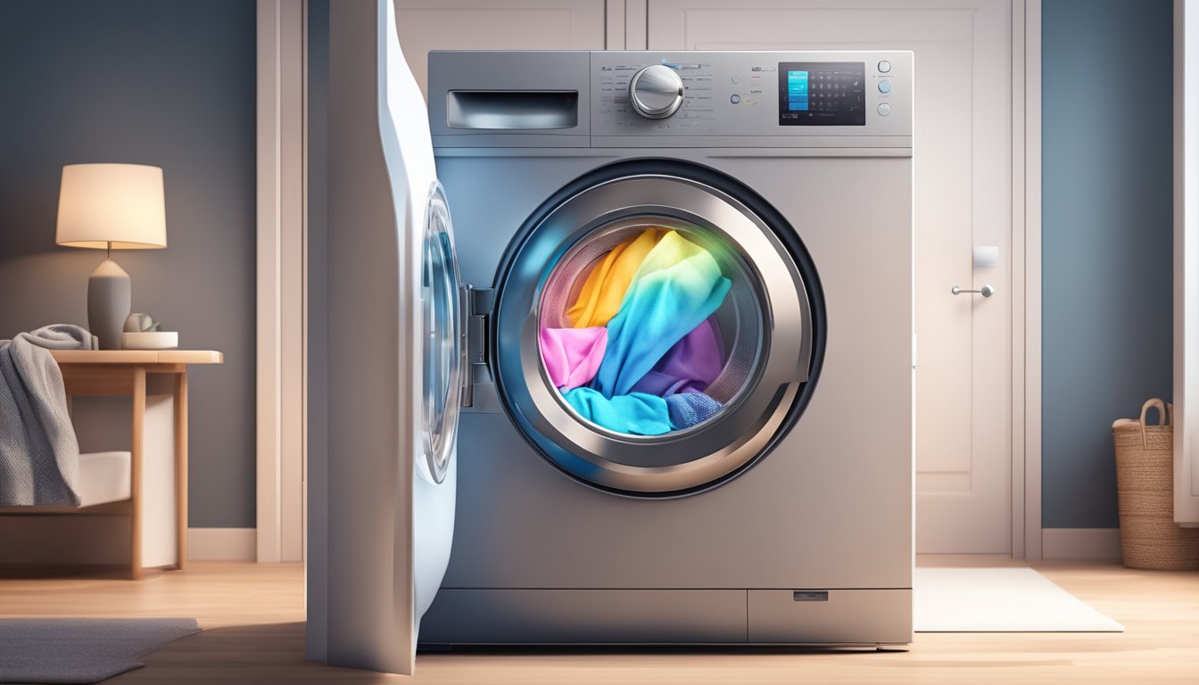 A washing machine and dryer are side by side, with the washing machine door open and clothes tumbling inside. The dryer is closed, with a soft glow emanating from the control panel