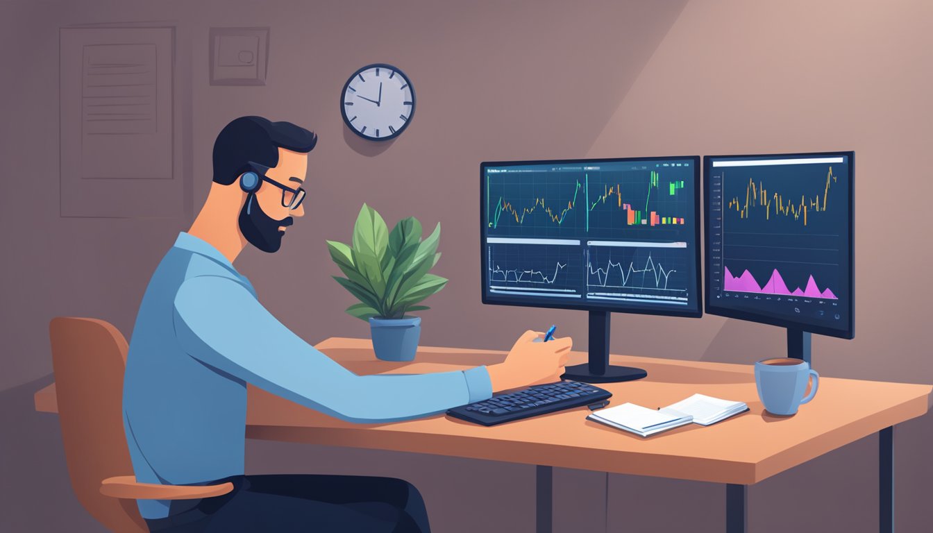 A person sitting at a desk, monitoring a heart rate monitor and taking notes. A chart with heart attack symptoms is displayed on the wall
