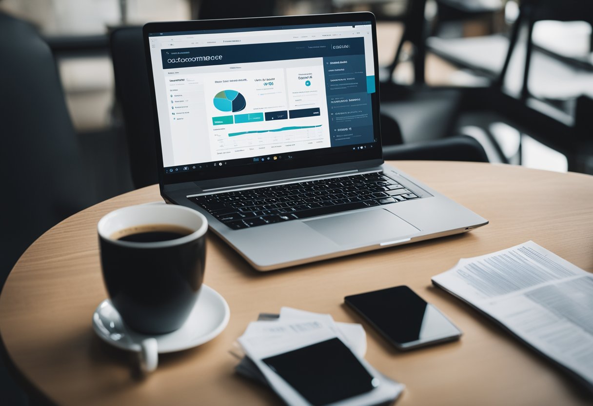 A laptop displaying a B2B ecommerce platform with various marketing strategies and analytics charts on the screen. A stack of business books and a cup of coffee sit next to the laptop