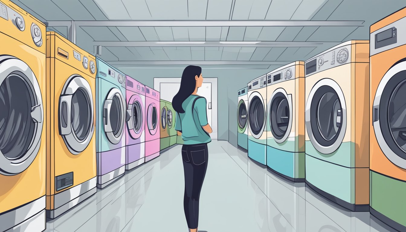 A person stands in front of rows of washing machines and dryers, carefully comparing features and sizes before selecting the perfect one