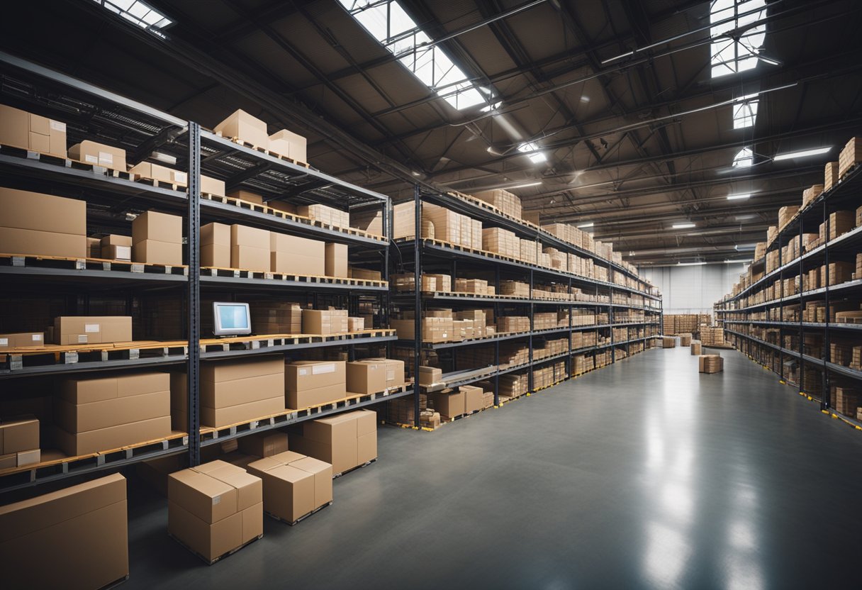 A warehouse with shelves stocked with products, a conveyor belt moving goods, and a computer screen displaying real-time sales data