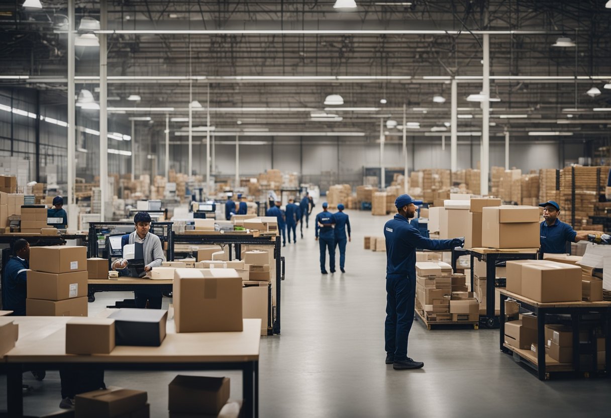A bustling warehouse with workers fulfilling orders, while delivery trucks come and go, and an office team manages online sales and customer service