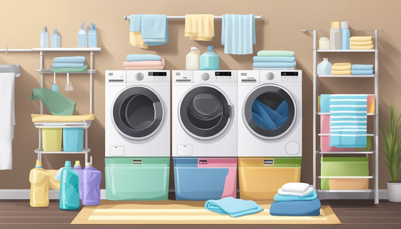 A washing machine and dryer stand side by side, with a stack of neatly folded towels on top. The machines are surrounded by laundry detergent, fabric softener, and a laundry basket
