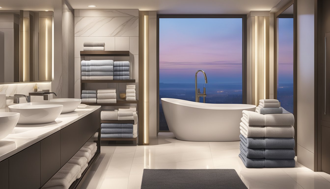 Plush towels neatly stacked in a modern bathroom, with soft lighting and a hint of luxury