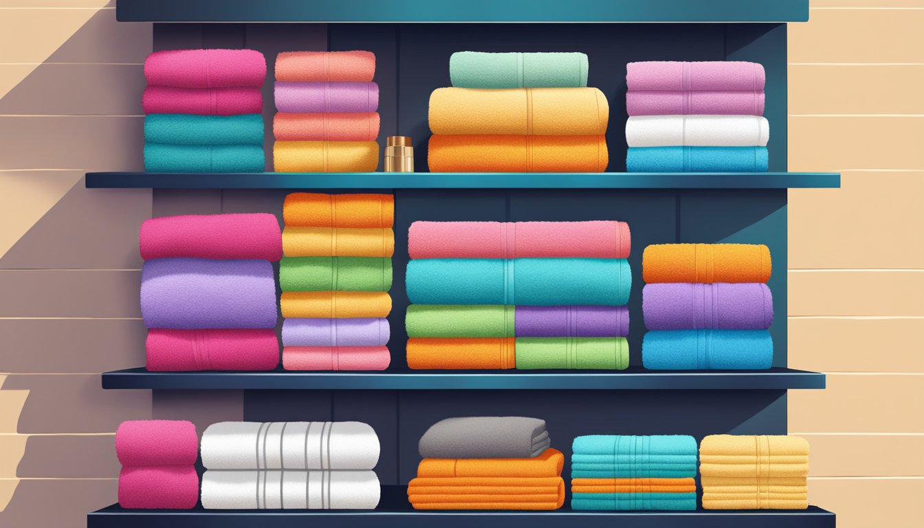 A shelf filled with vibrant, plush towels in a Singaporean boutique. Bright colors and soft textures catch the eye