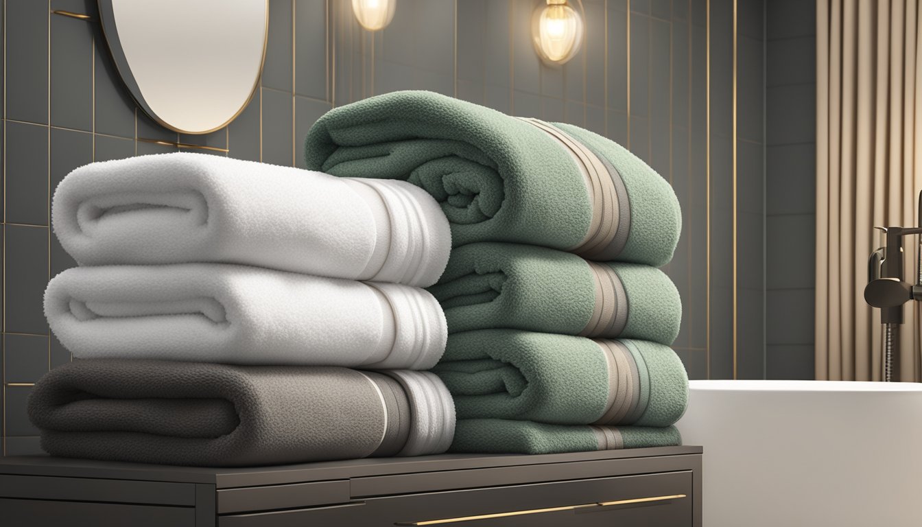 Luxury towels neatly stacked in a modern bathroom, with soft lighting and plush surroundings