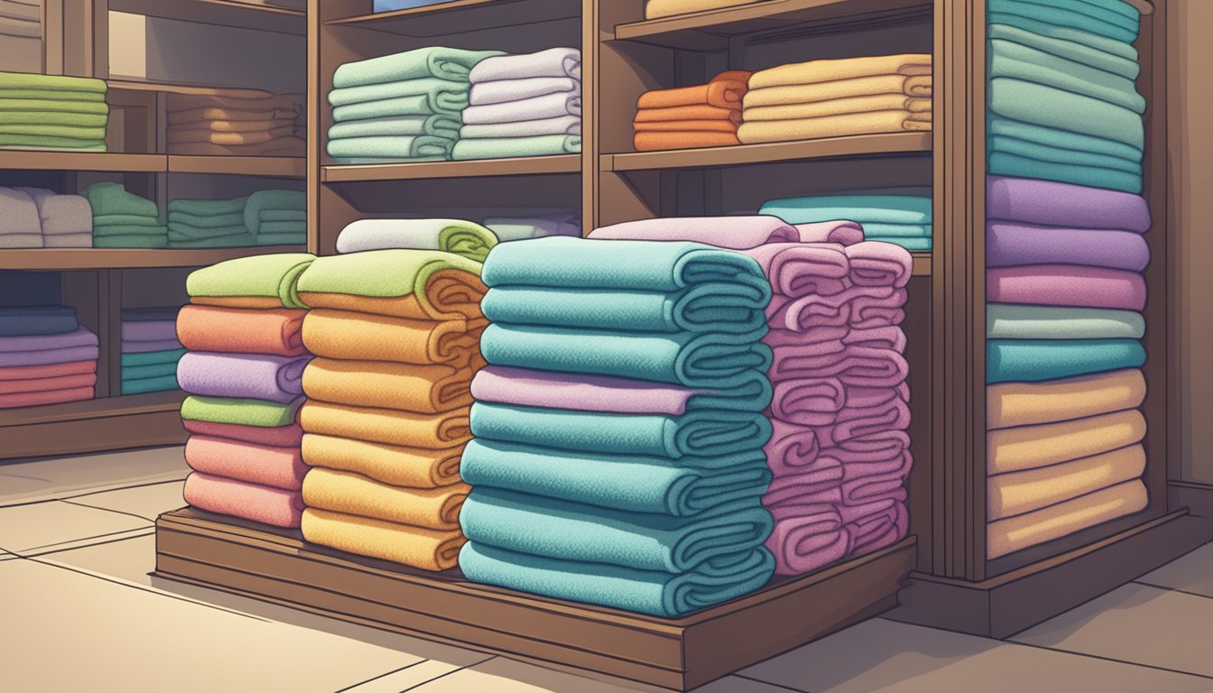 A stack of colorful towels with "Frequently Asked Questions" printed on labels, displayed in a Singaporean home goods store