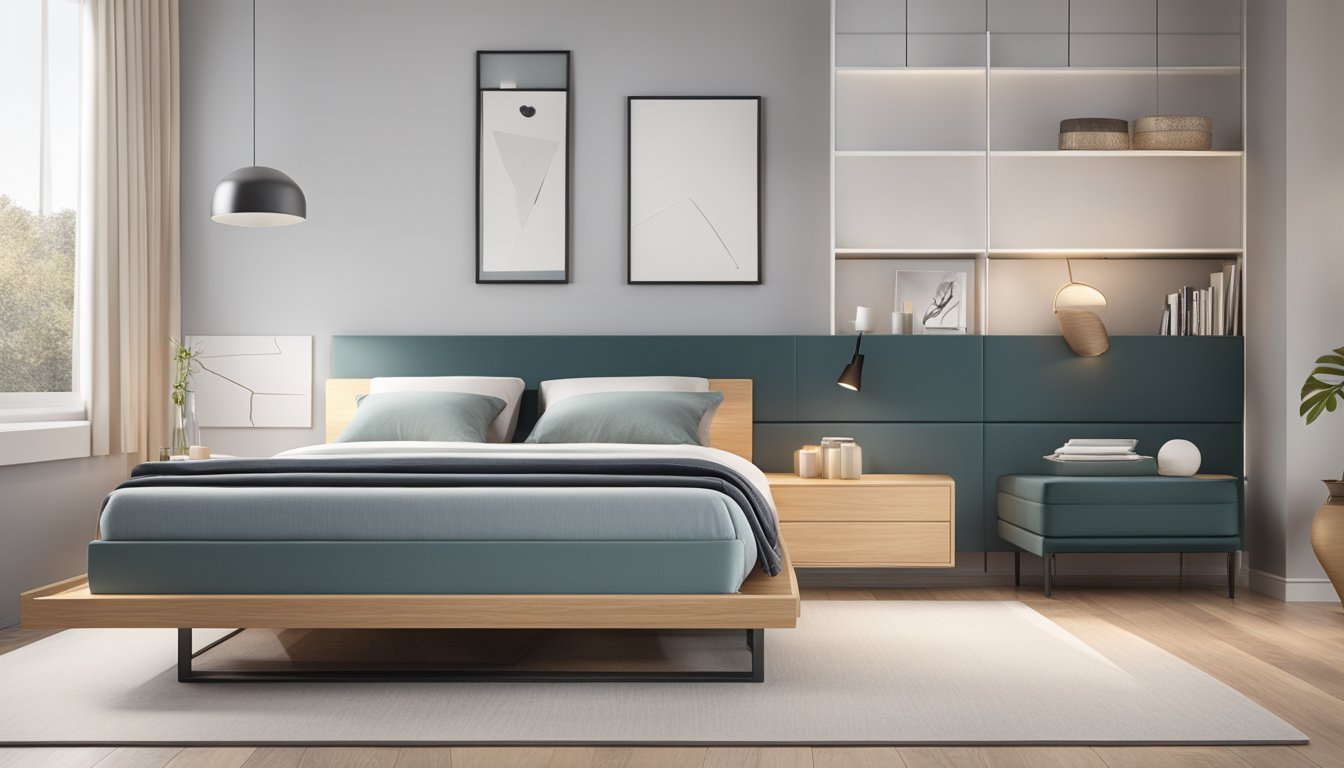 A sleek platform bed with built-in storage compartments, set against a minimalist backdrop with clean lines and modern decor