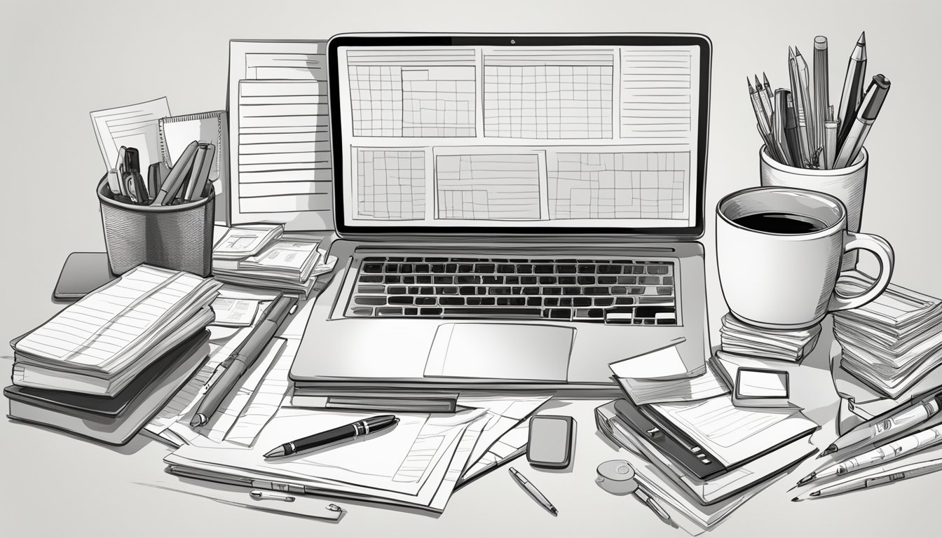 A cluttered desktop table with scattered papers, pens, and a laptop, surrounded by various office supplies and a mug of coffee