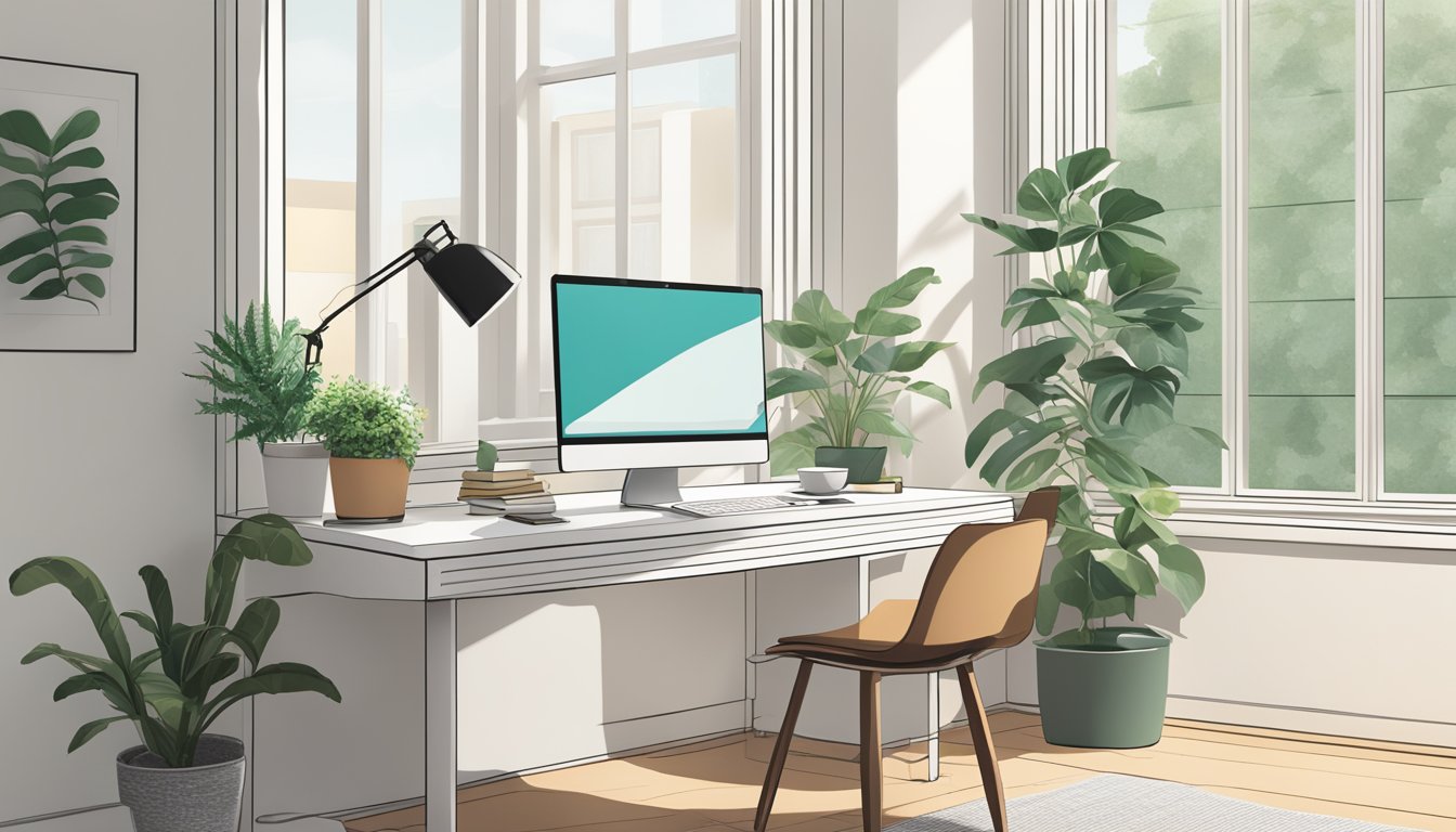 A clutter-free desk with a sleek computer, a potted plant, and a cup of coffee. A large window floods the space with natural light