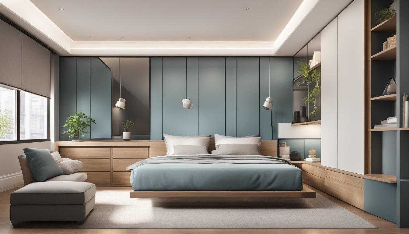 A modern bedroom with a sleek platform bed featuring built-in storage compartments, clean lines, and a minimalist design