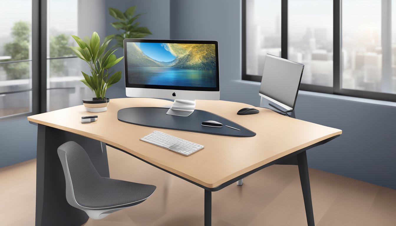 A sleek, modern desktop table with ergonomic design and high-quality materials, providing a comfortable and efficient workspace