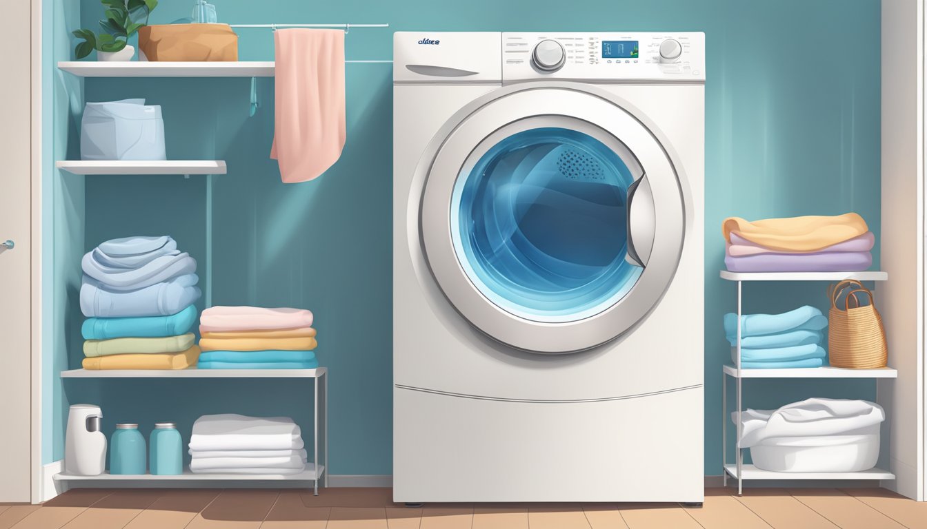 A Midea dryer hums as warm air circulates through damp clothes, spinning silently in a bright, clean laundry room