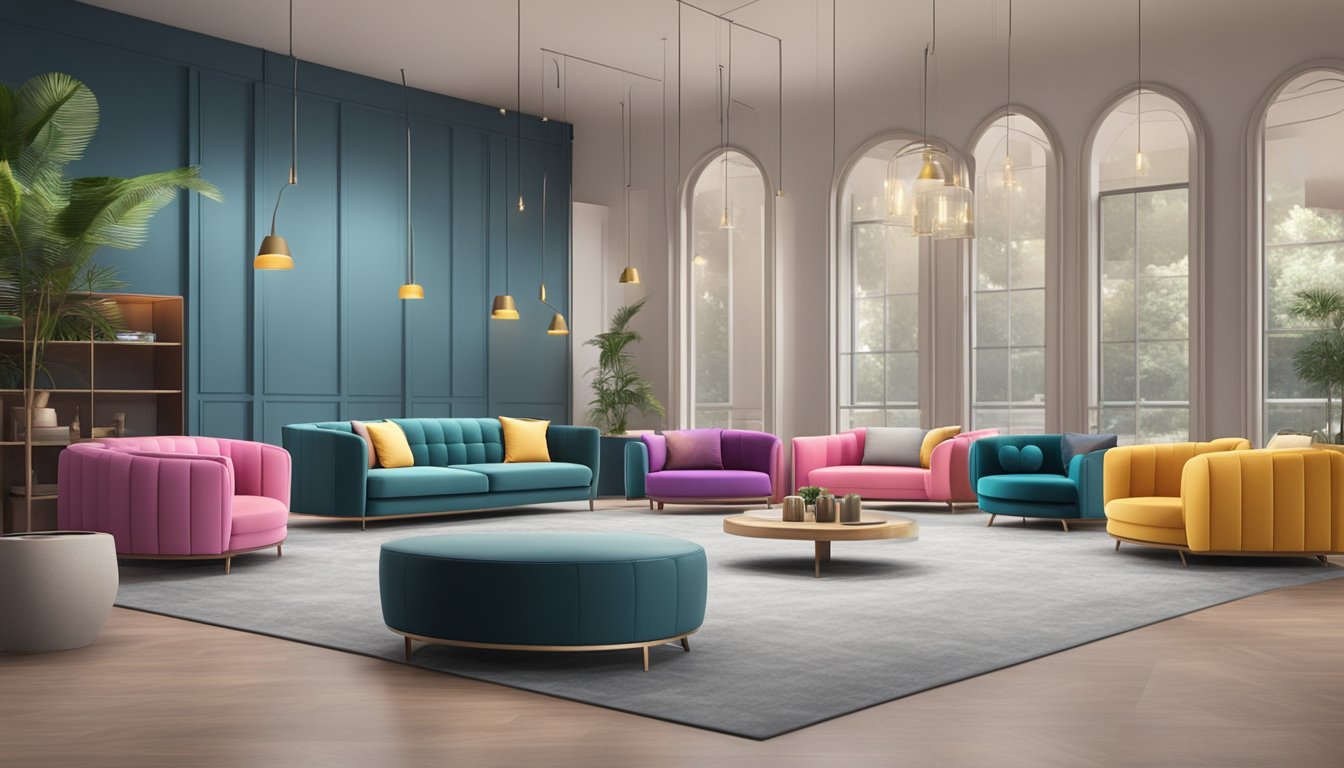 A spacious showroom with rows of colorful sofas, arranged in modern and elegant displays. Bright lighting highlights the sleek designs and luxurious fabrics